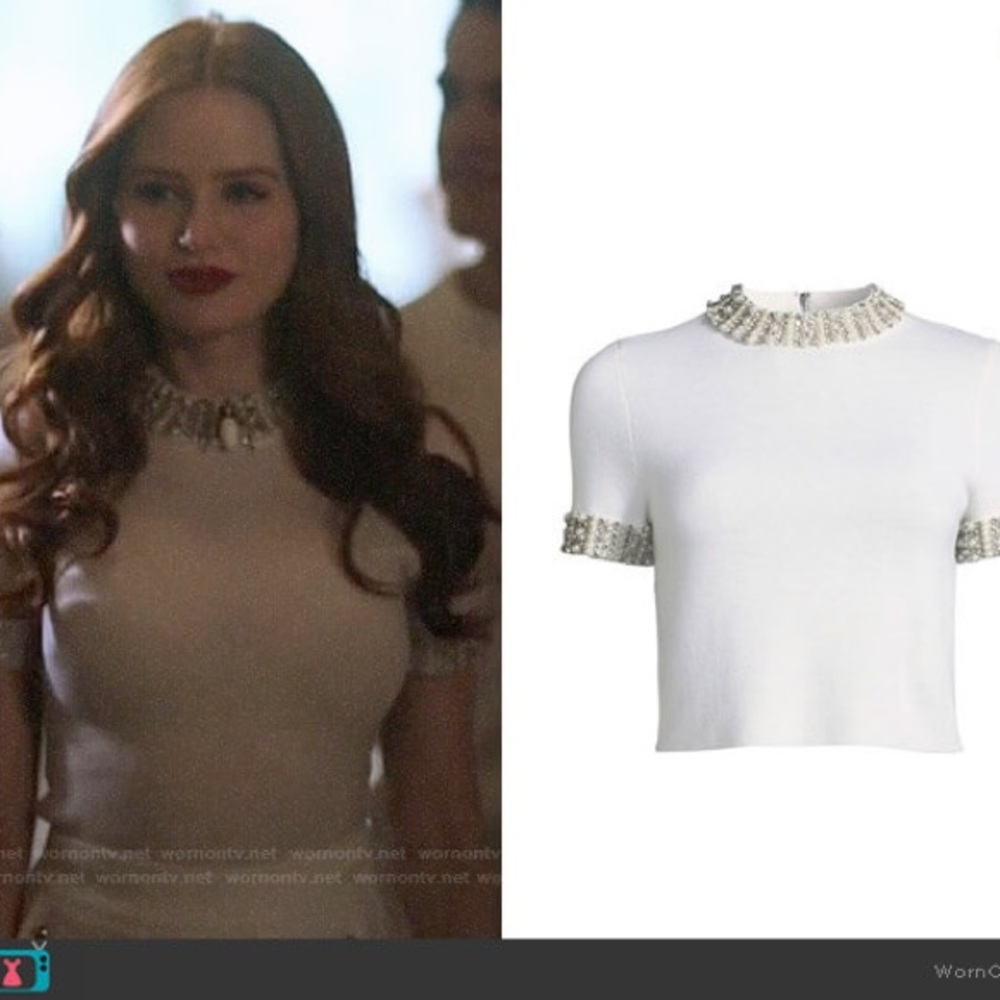 Riverdale screen worn- Alice and Olivia embellished short sleeve sweater size 0